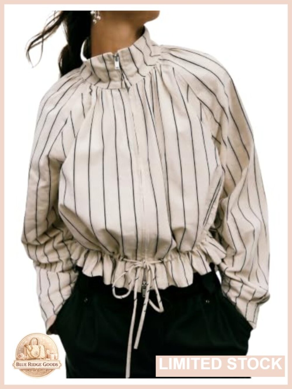 Lightweight Striped Stand Collar Zip Up Cropped Jacket